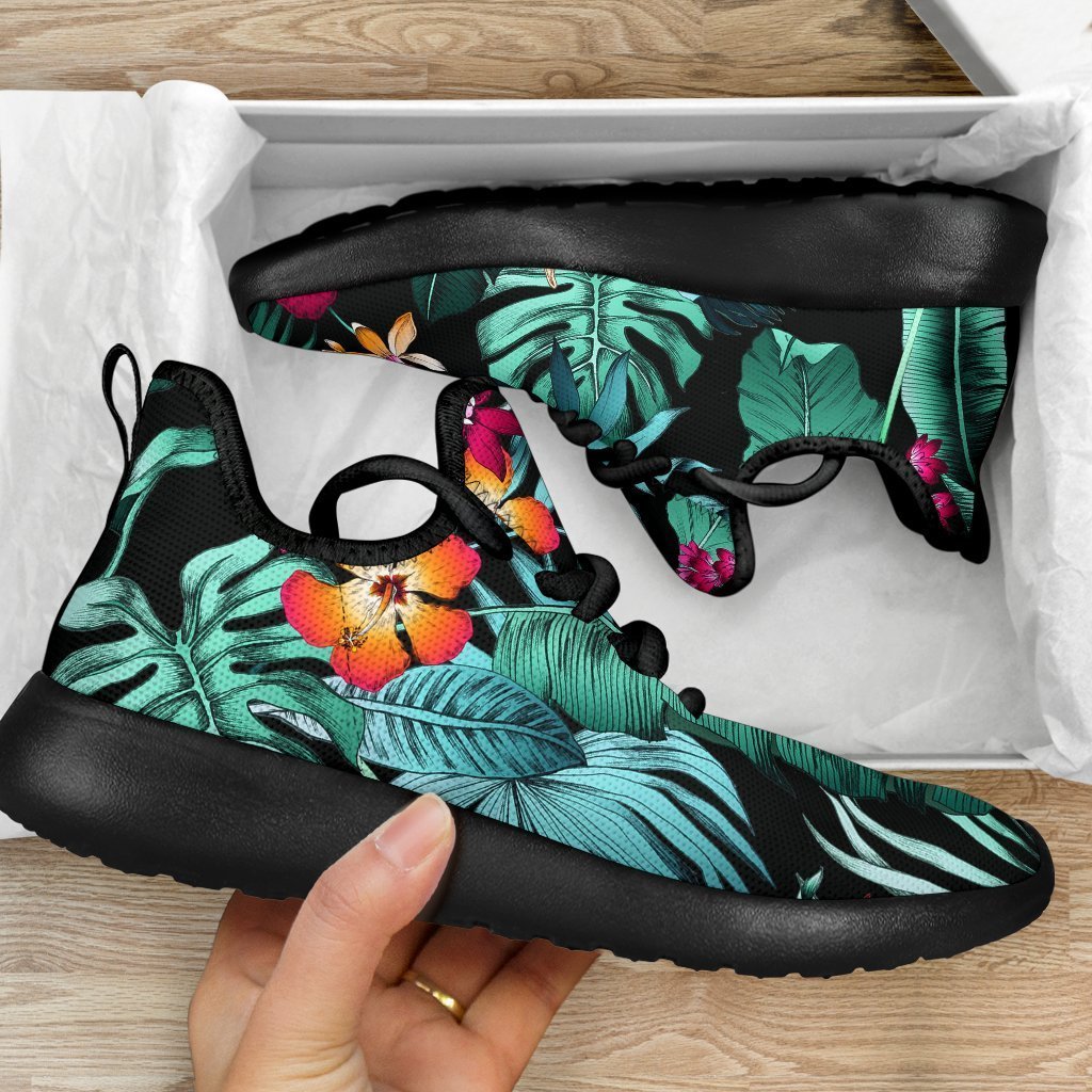 Teal Tropical Leaf Hawaii Pattern Print Mesh Knit Shoes GearFrost