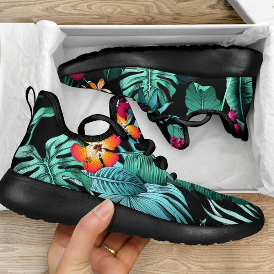 Teal Tropical Leaf Hawaii Pattern Print Mesh Knit Shoes GearFrost