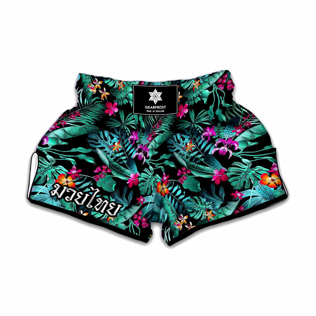 Teal Tropical Leaf Hawaii Pattern Print Muay Thai Boxing Shorts