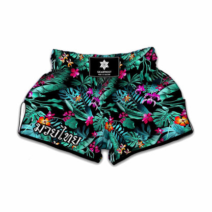 Teal Tropical Leaf Hawaii Pattern Print Muay Thai Boxing Shorts