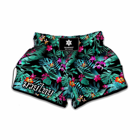 Teal Tropical Leaf Hawaii Pattern Print Muay Thai Boxing Shorts
