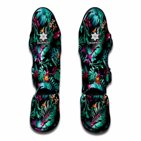 Teal Tropical Leaf Hawaii Pattern Print Muay Thai Shin Guard