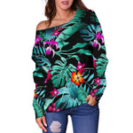 Teal Tropical Leaf Hawaii Pattern Print Off Shoulder Sweatshirt GearFrost