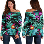 Teal Tropical Leaf Hawaii Pattern Print Off Shoulder Sweatshirt GearFrost