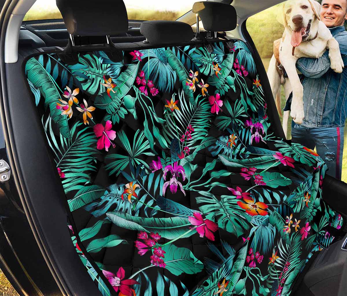 Teal Tropical Leaf Hawaii Pattern Print Pet Car Back Seat Cover