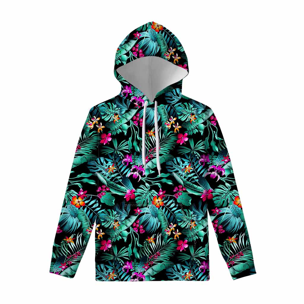 Teal Tropical Leaf Hawaii Pattern Print Pullover Hoodie