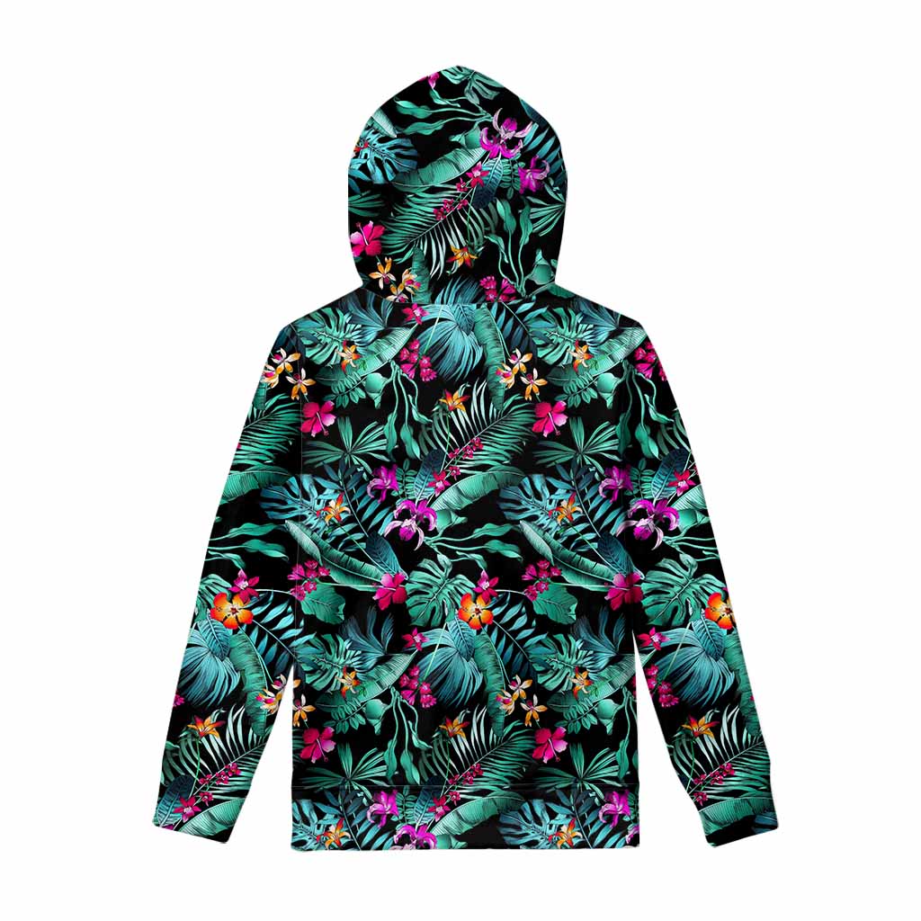 Teal Tropical Leaf Hawaii Pattern Print Pullover Hoodie