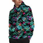 Teal Tropical Leaf Hawaii Pattern Print Pullover Hoodie