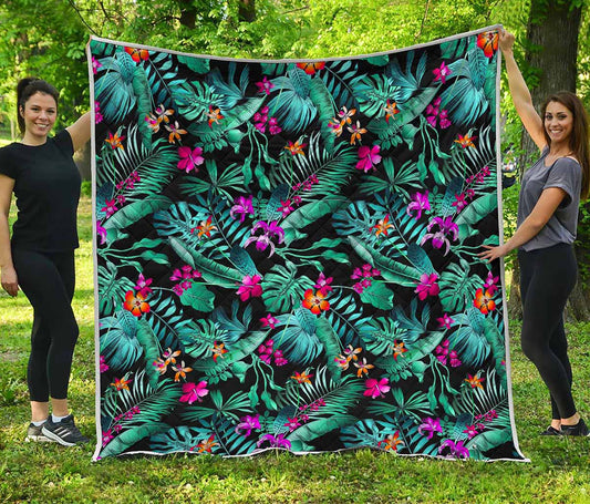 Teal Tropical Leaf Hawaii Pattern Print Quilt