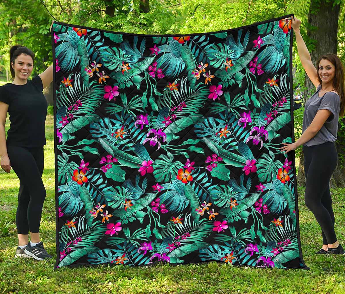 Teal Tropical Leaf Hawaii Pattern Print Quilt