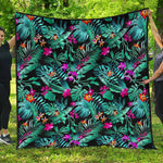 Teal Tropical Leaf Hawaii Pattern Print Quilt