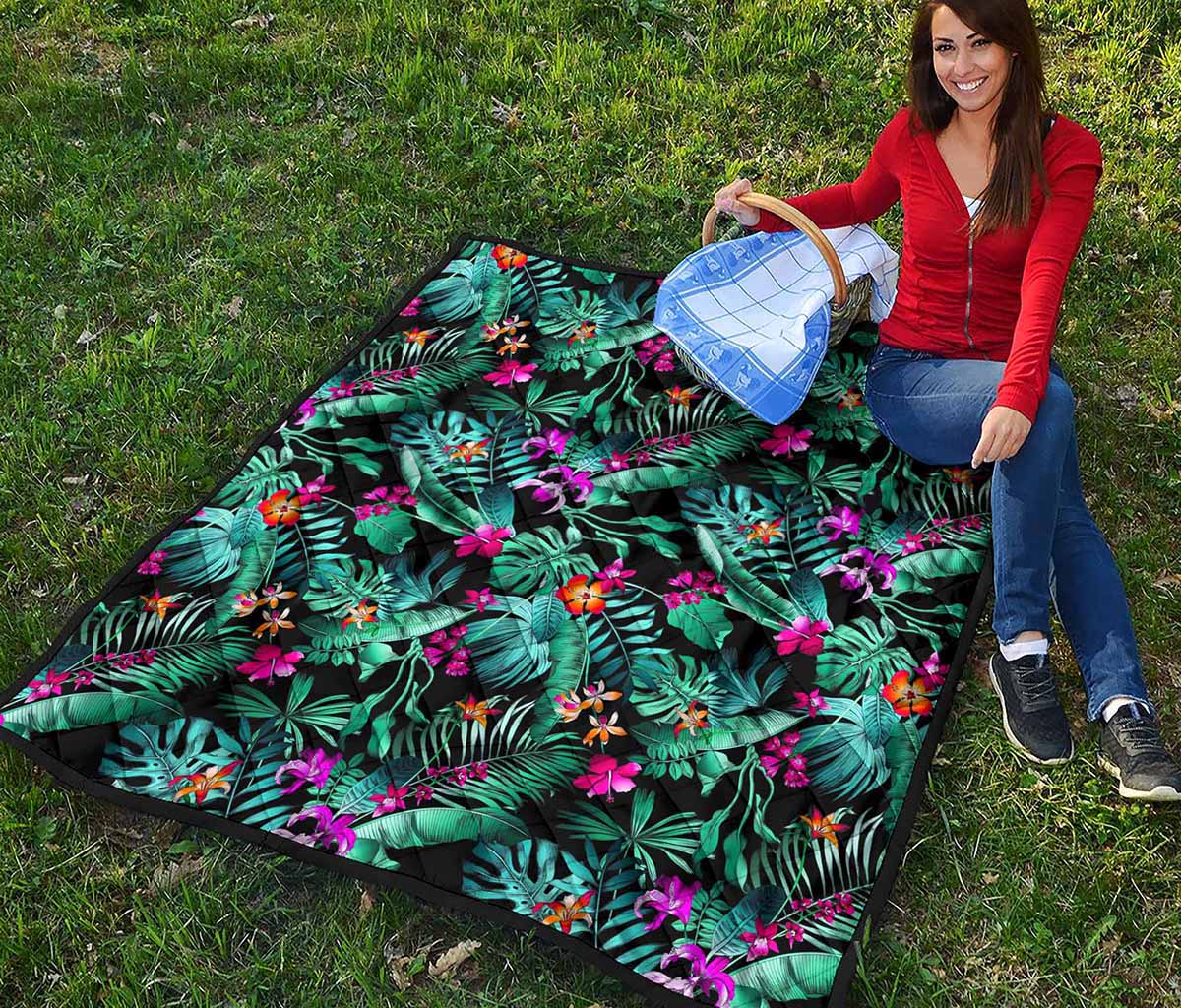 Teal Tropical Leaf Hawaii Pattern Print Quilt