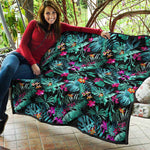 Teal Tropical Leaf Hawaii Pattern Print Quilt