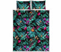 Teal Tropical Leaf Hawaii Pattern Print Quilt Bed Set