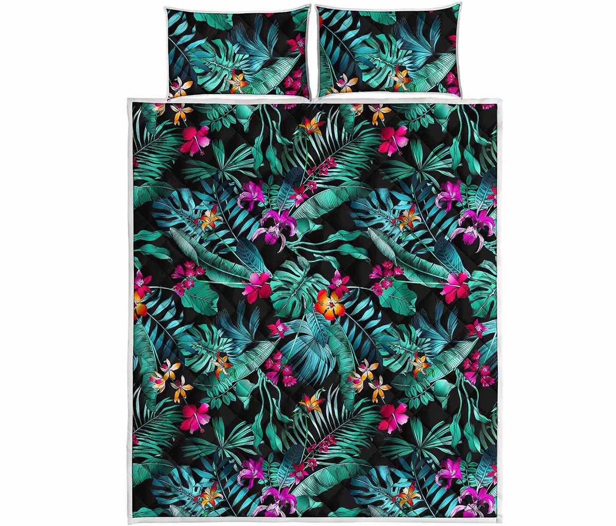 Teal Tropical Leaf Hawaii Pattern Print Quilt Bed Set
