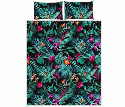 Teal Tropical Leaf Hawaii Pattern Print Quilt Bed Set