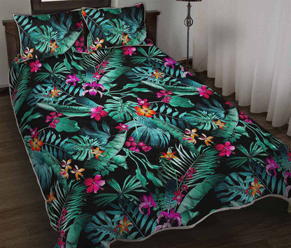 Teal Tropical Leaf Hawaii Pattern Print Quilt Bed Set
