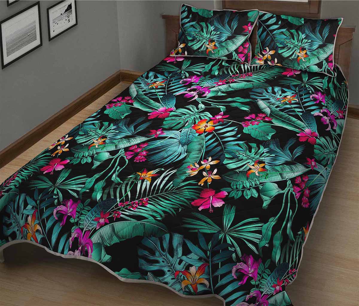Teal Tropical Leaf Hawaii Pattern Print Quilt Bed Set