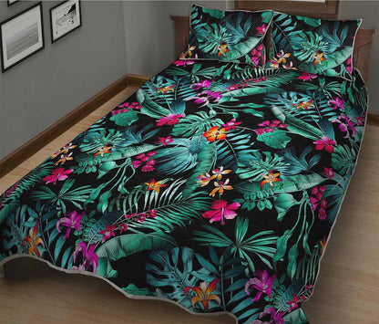 Teal Tropical Leaf Hawaii Pattern Print Quilt Bed Set