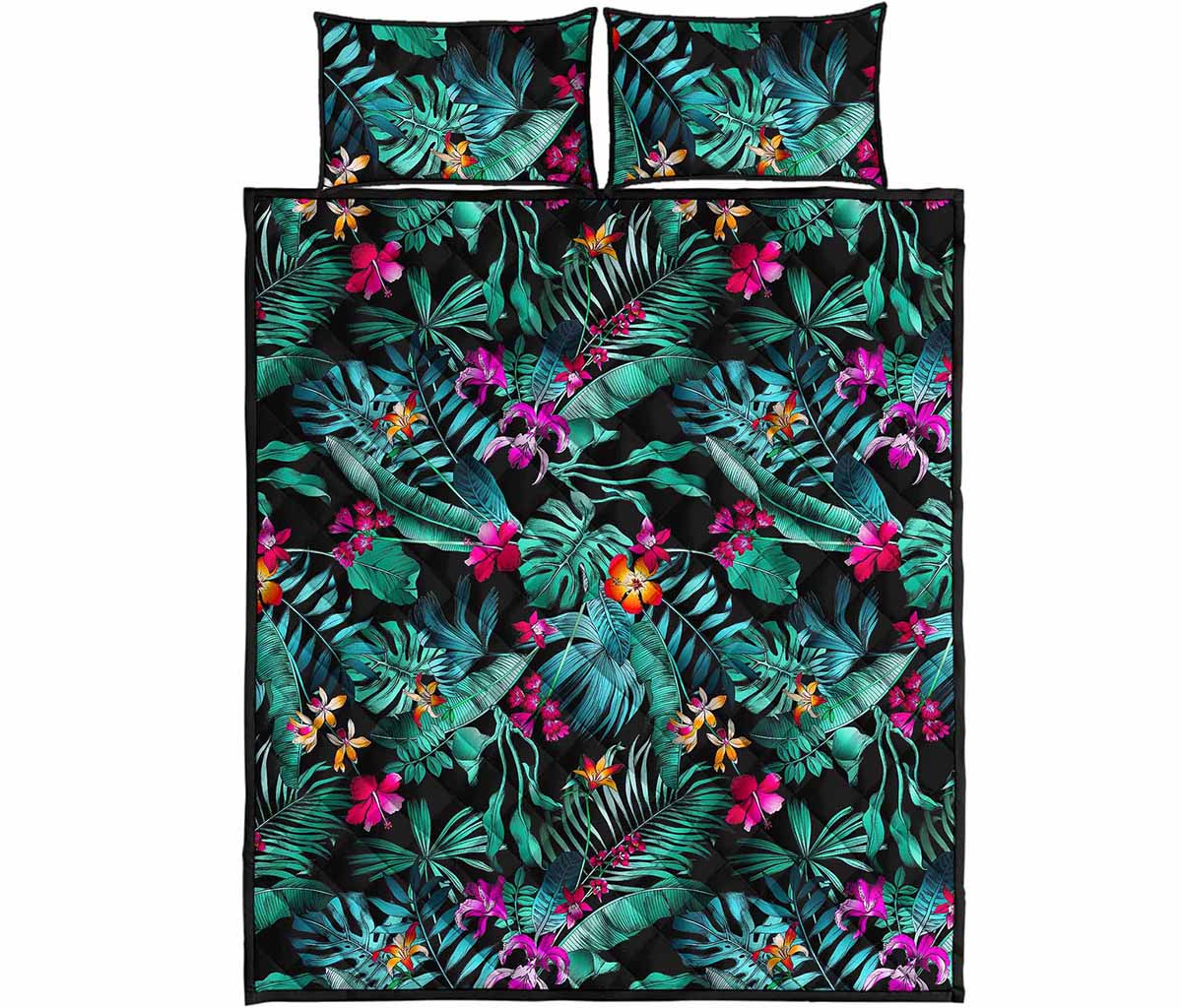 Teal Tropical Leaf Hawaii Pattern Print Quilt Bed Set