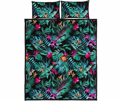 Teal Tropical Leaf Hawaii Pattern Print Quilt Bed Set