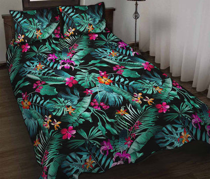 Teal Tropical Leaf Hawaii Pattern Print Quilt Bed Set