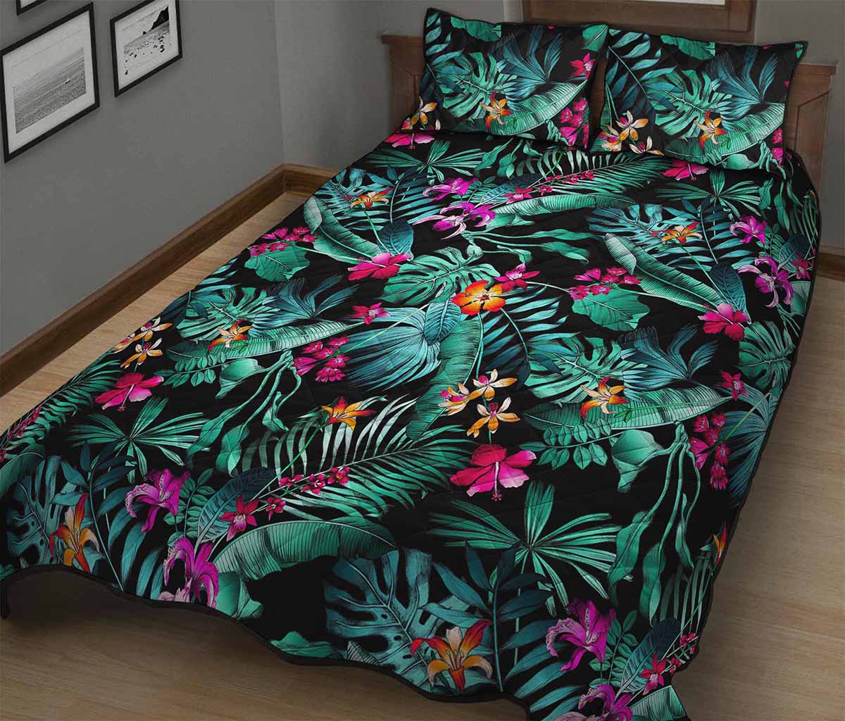 Teal Tropical Leaf Hawaii Pattern Print Quilt Bed Set