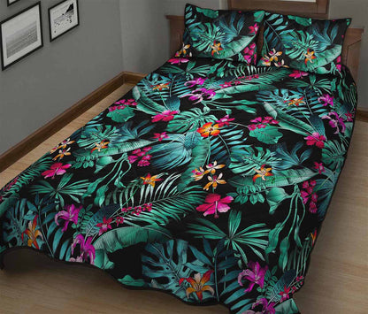 Teal Tropical Leaf Hawaii Pattern Print Quilt Bed Set