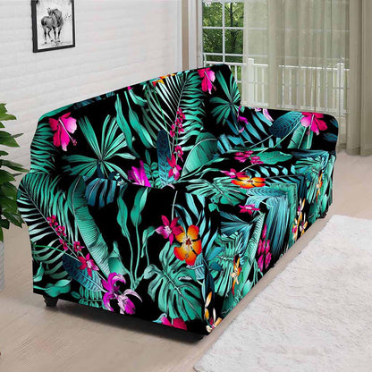 Teal Tropical Leaf Hawaii Pattern Print Sofa Cover