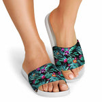 Teal Tropical Leaf Hawaii Pattern Print White Slide Sandals