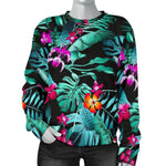 Teal Tropical Leaf Hawaii Pattern Print Women's Crewneck Sweatshirt GearFrost