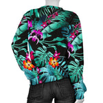 Teal Tropical Leaf Hawaii Pattern Print Women's Crewneck Sweatshirt GearFrost
