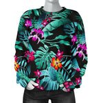 Teal Tropical Leaf Hawaii Pattern Print Women's Crewneck Sweatshirt GearFrost