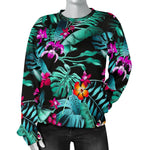 Teal Tropical Leaf Hawaii Pattern Print Women's Crewneck Sweatshirt GearFrost