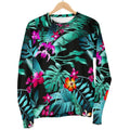 Teal Tropical Leaf Hawaii Pattern Print Women's Crewneck Sweatshirt