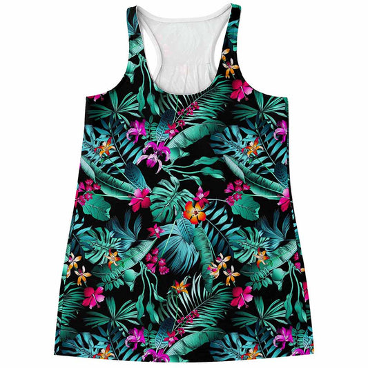 Teal Tropical Leaf Hawaii Pattern Print Women's Racerback Tank Top