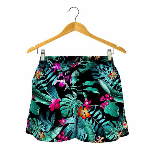 Teal Tropical Leaf Hawaii Pattern Print Women's Shorts