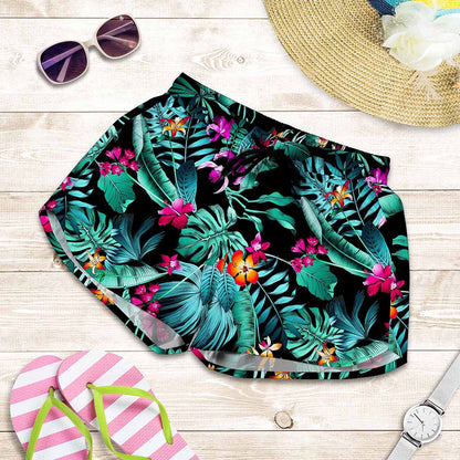 Teal Tropical Leaf Hawaii Pattern Print Women's Shorts