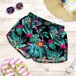 Teal Tropical Leaf Hawaii Pattern Print Women's Shorts