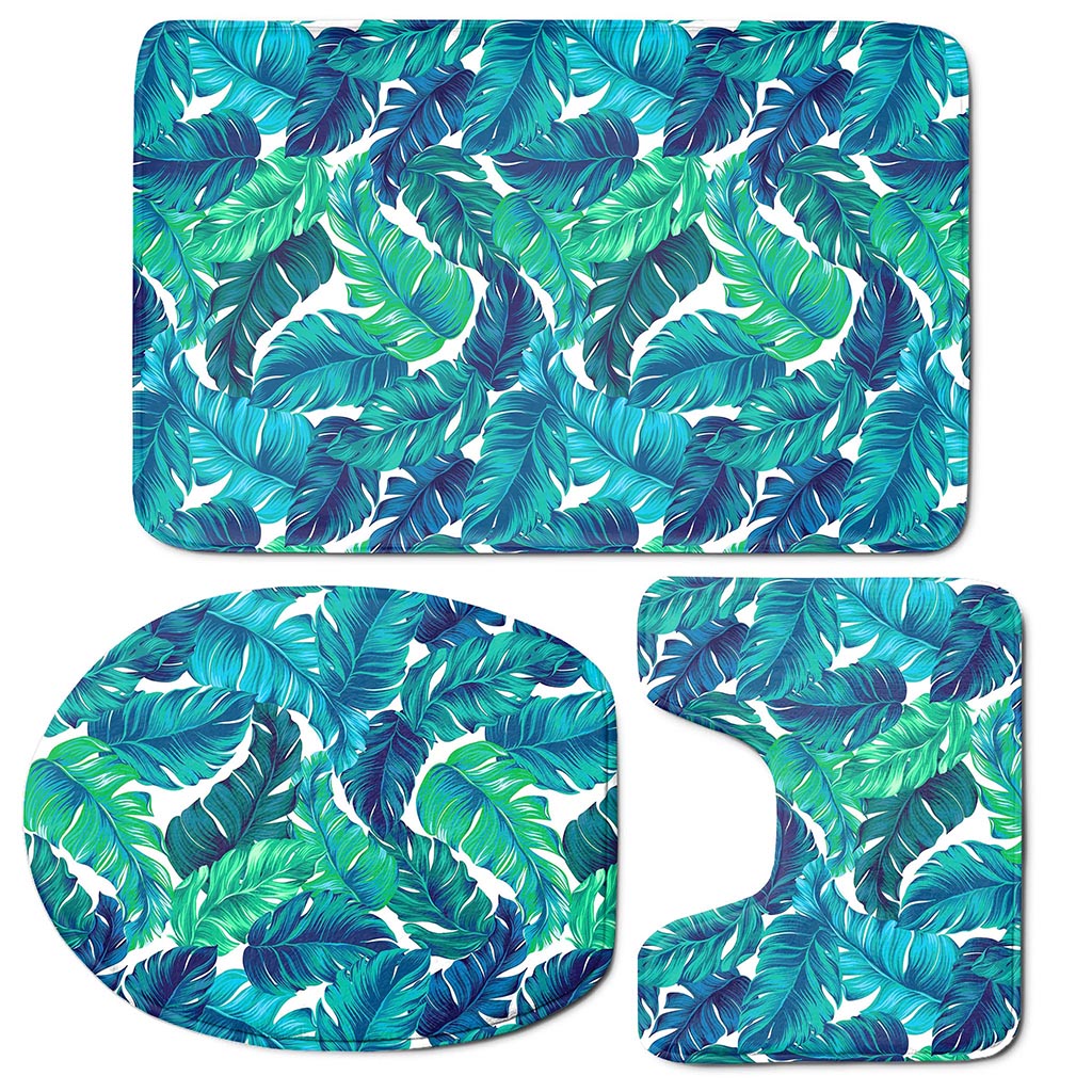 Teal Tropical Leaf Pattern Print 3 Piece Bath Mat Set