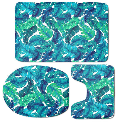 Teal Tropical Leaf Pattern Print 3 Piece Bath Mat Set