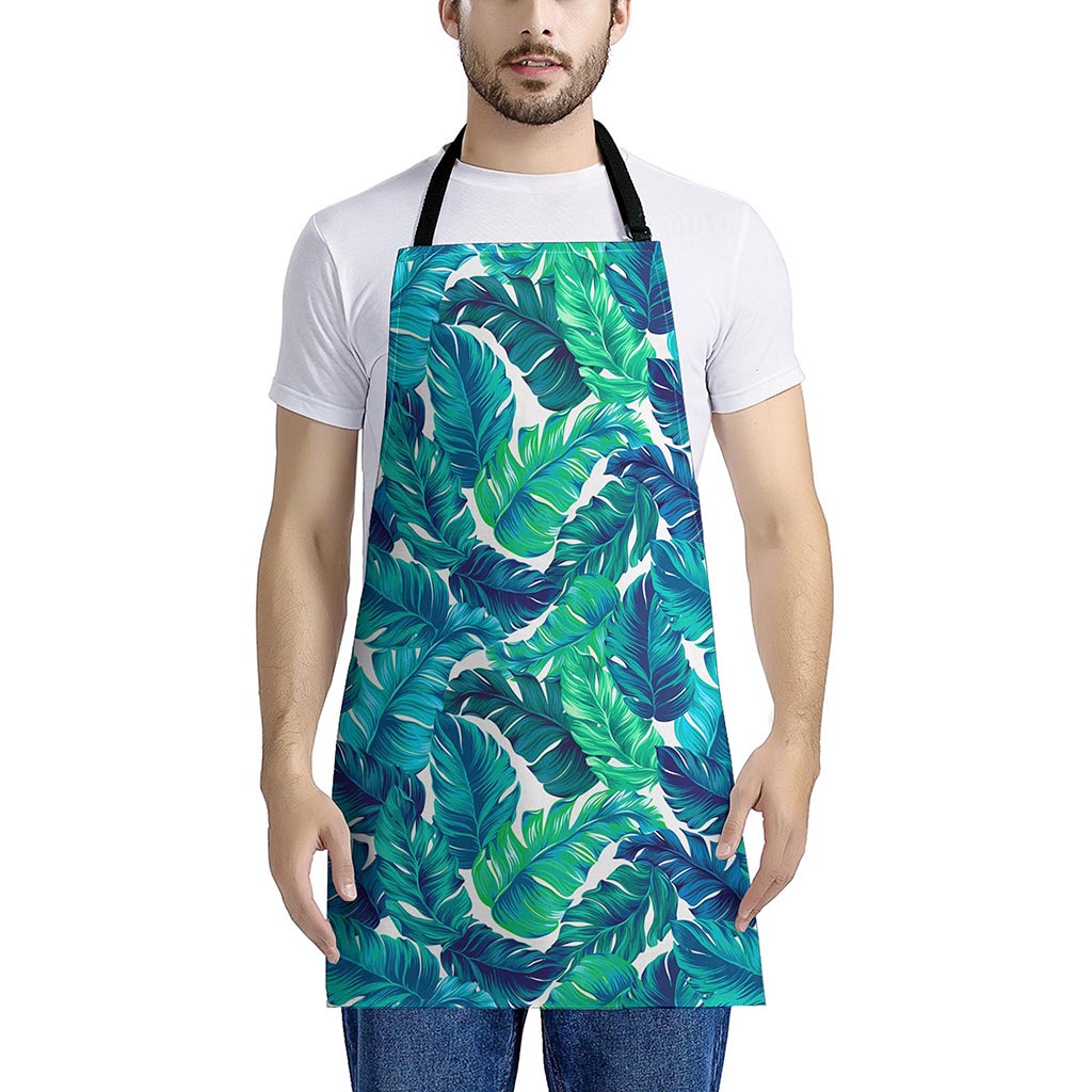 Teal Tropical Leaf Pattern Print Apron