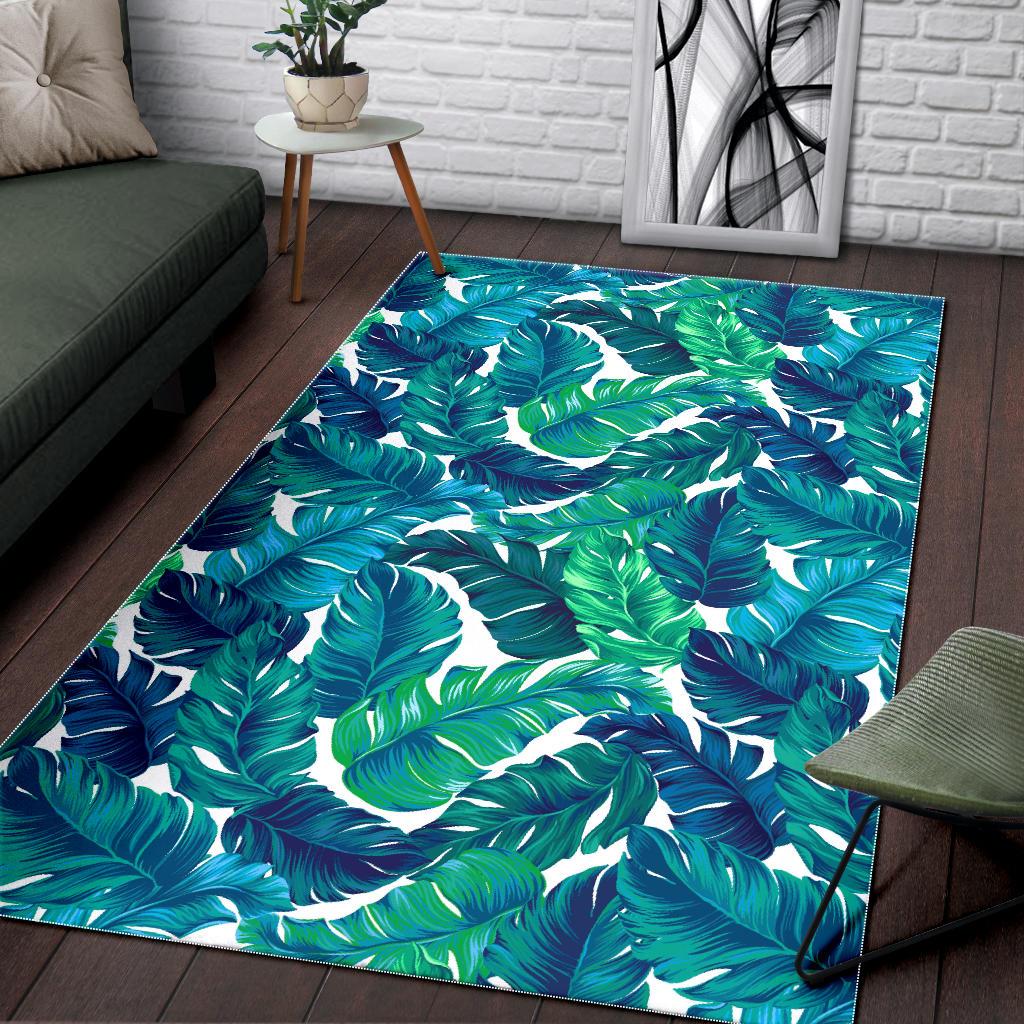 Teal Tropical Leaf Pattern Print Area Rug GearFrost