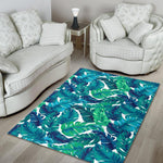 Teal Tropical Leaf Pattern Print Area Rug GearFrost