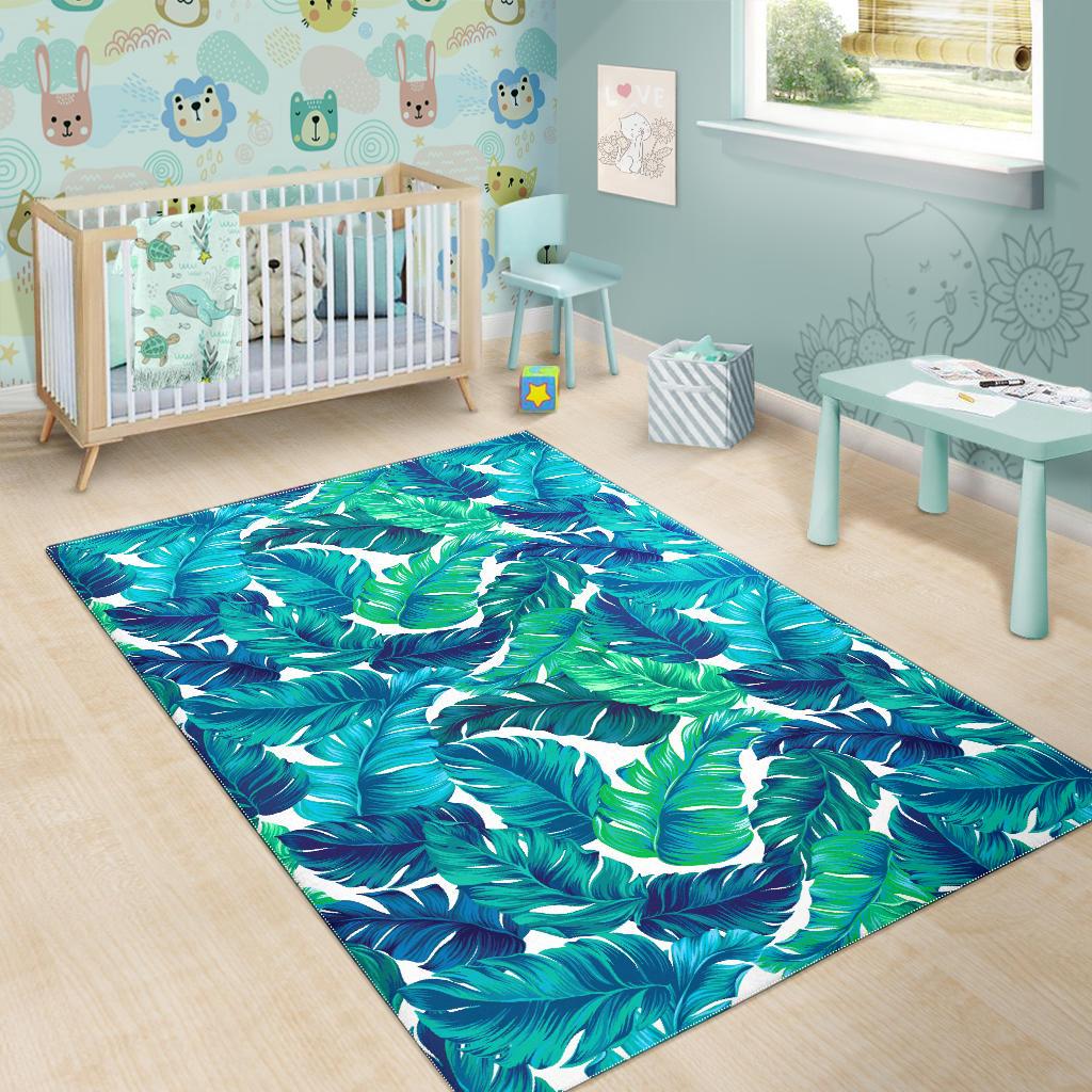 Teal Tropical Leaf Pattern Print Area Rug GearFrost