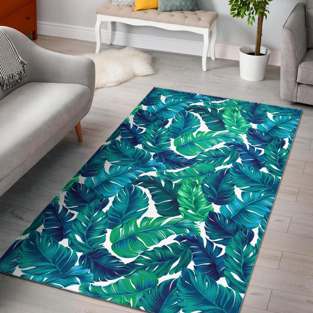 Teal Tropical Leaf Pattern Print Area Rug GearFrost