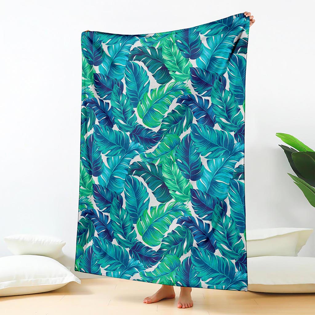 Teal Tropical Leaf Pattern Print Blanket