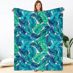 Teal Tropical Leaf Pattern Print Blanket