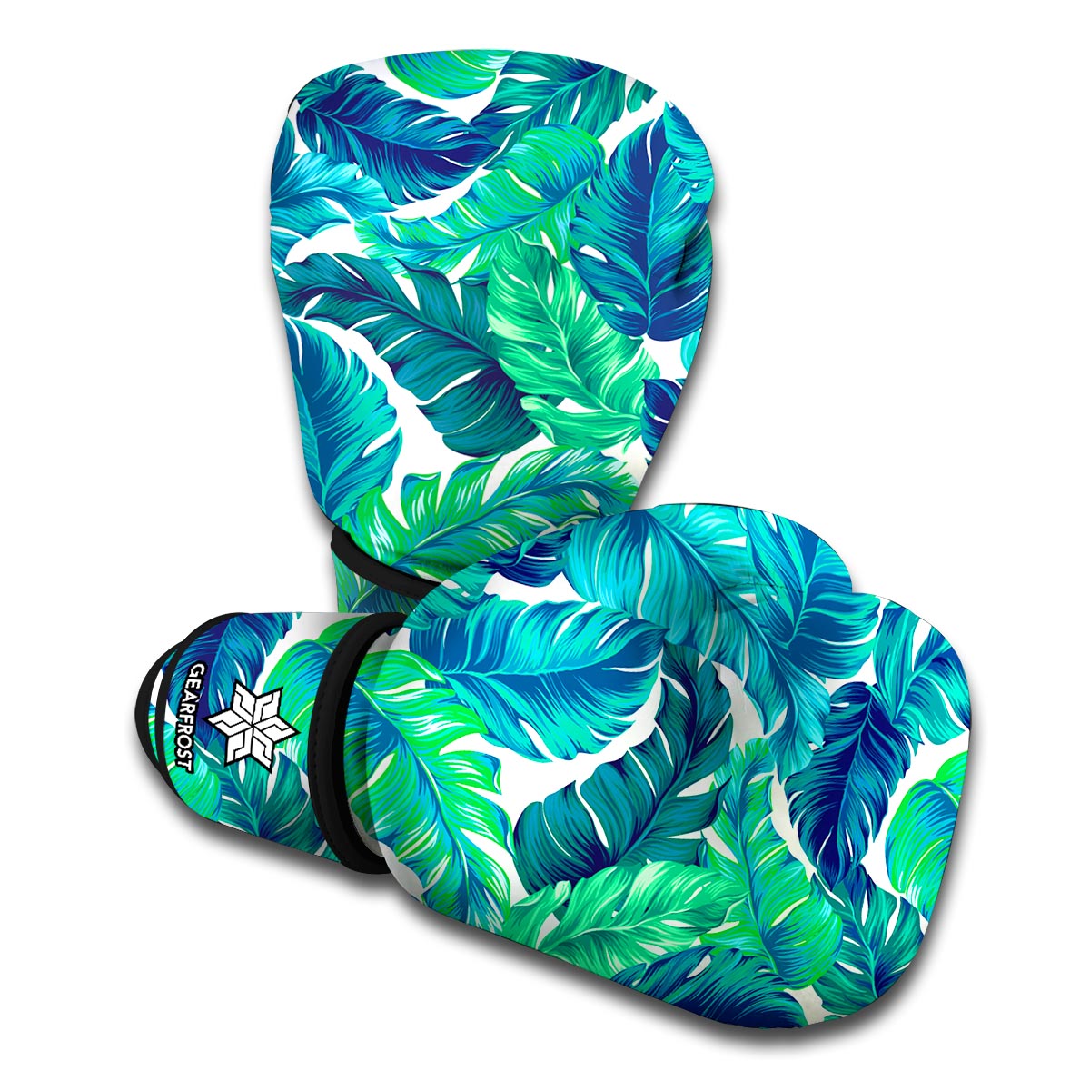 Teal Tropical Leaf Pattern Print Boxing Gloves