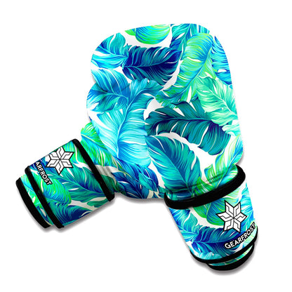 Teal Tropical Leaf Pattern Print Boxing Gloves
